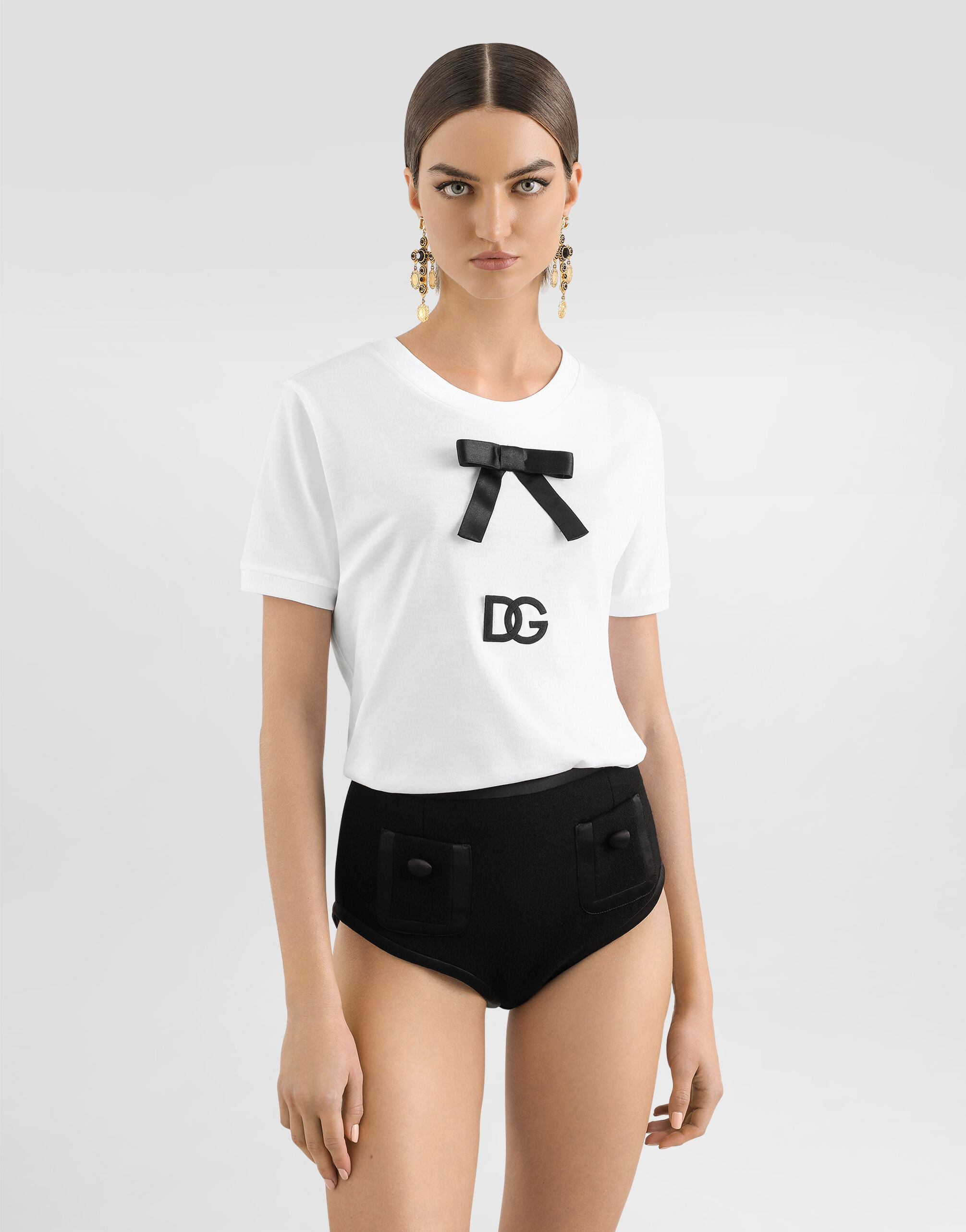 Cotton jersey T-shirt with bow and DG logo in White for Women Cotton jersey T-shirt with bow and DG logo in White for Women