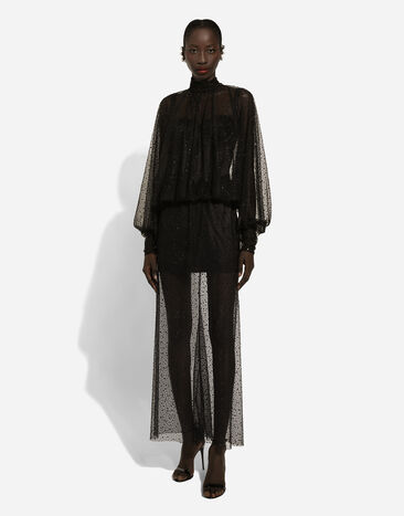 Dolce & Gabbana Long tulle dress with full sleeves and fusible rhinestone embellishment Black F6DIXTFLSIT