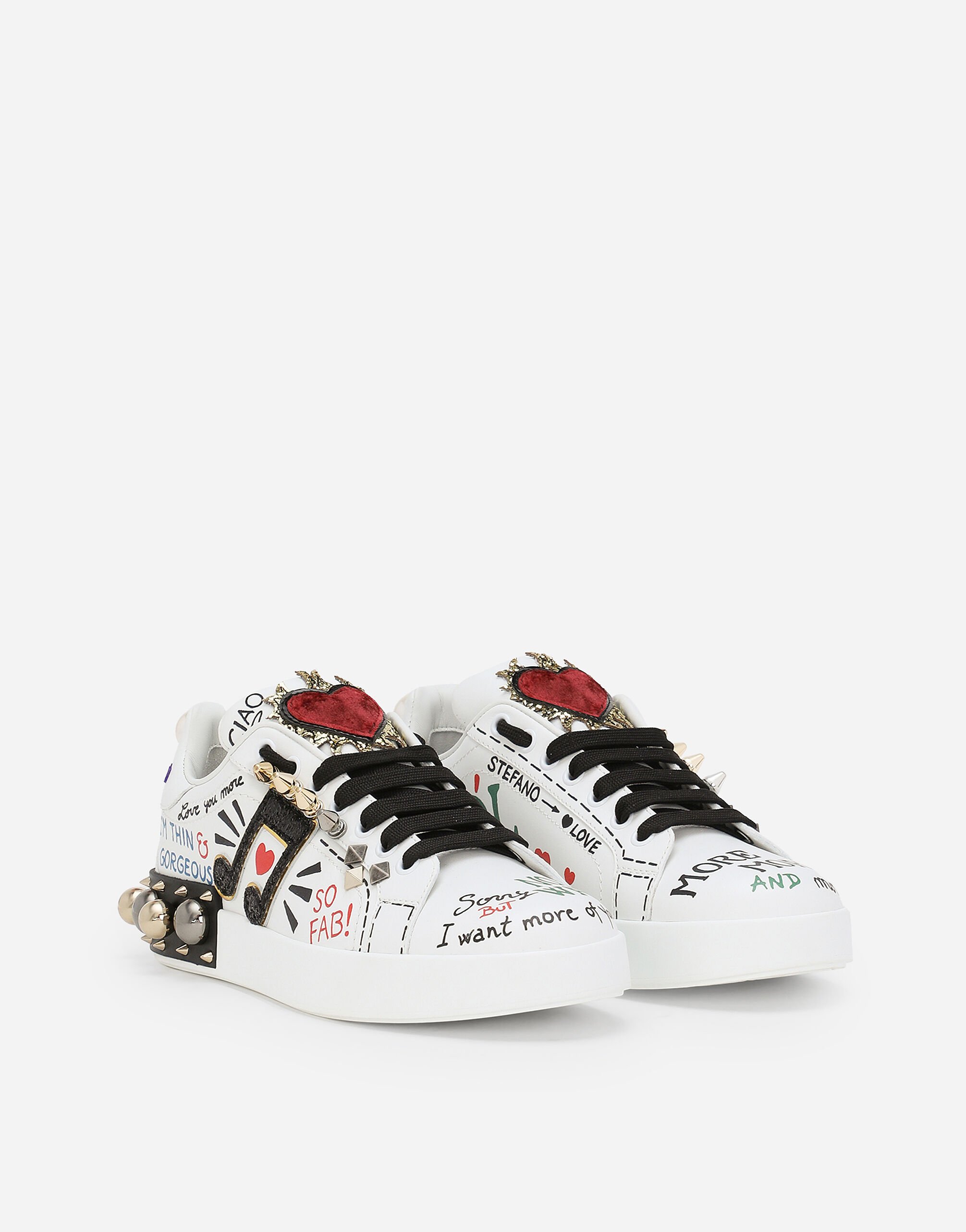 Printed calfskin nappa Portofino sneakers with patch and embroidery in White for Women Dolce Gabbana