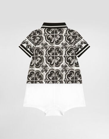 Dolce & Gabbana Majolica-print short-sleeved piqué romper with DG embroidery Multicolor L1JO7AG7PCD