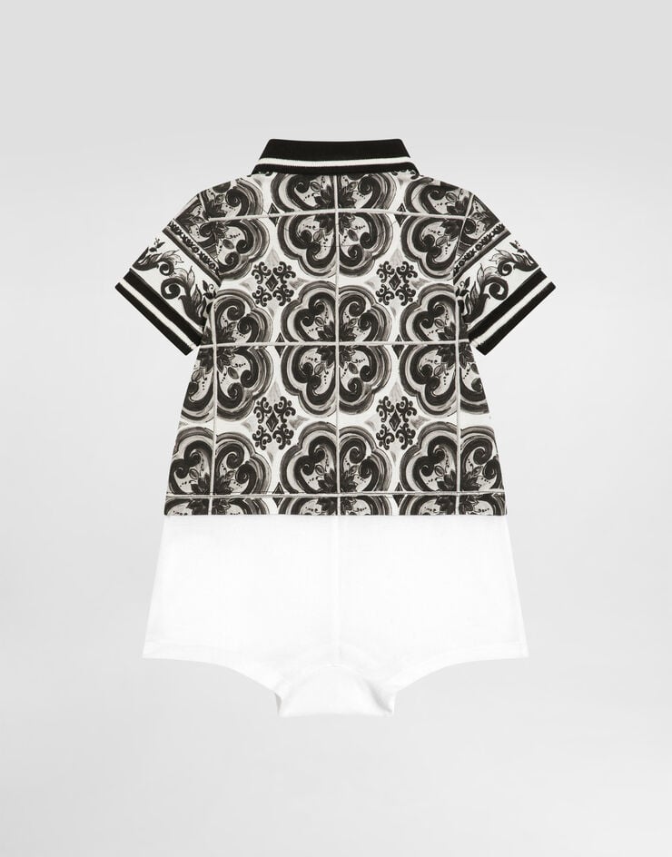 Dolce & Gabbana Majolica-print short-sleeved piqué romper with DG embroidery Multicolor L1JO7AG7PCD