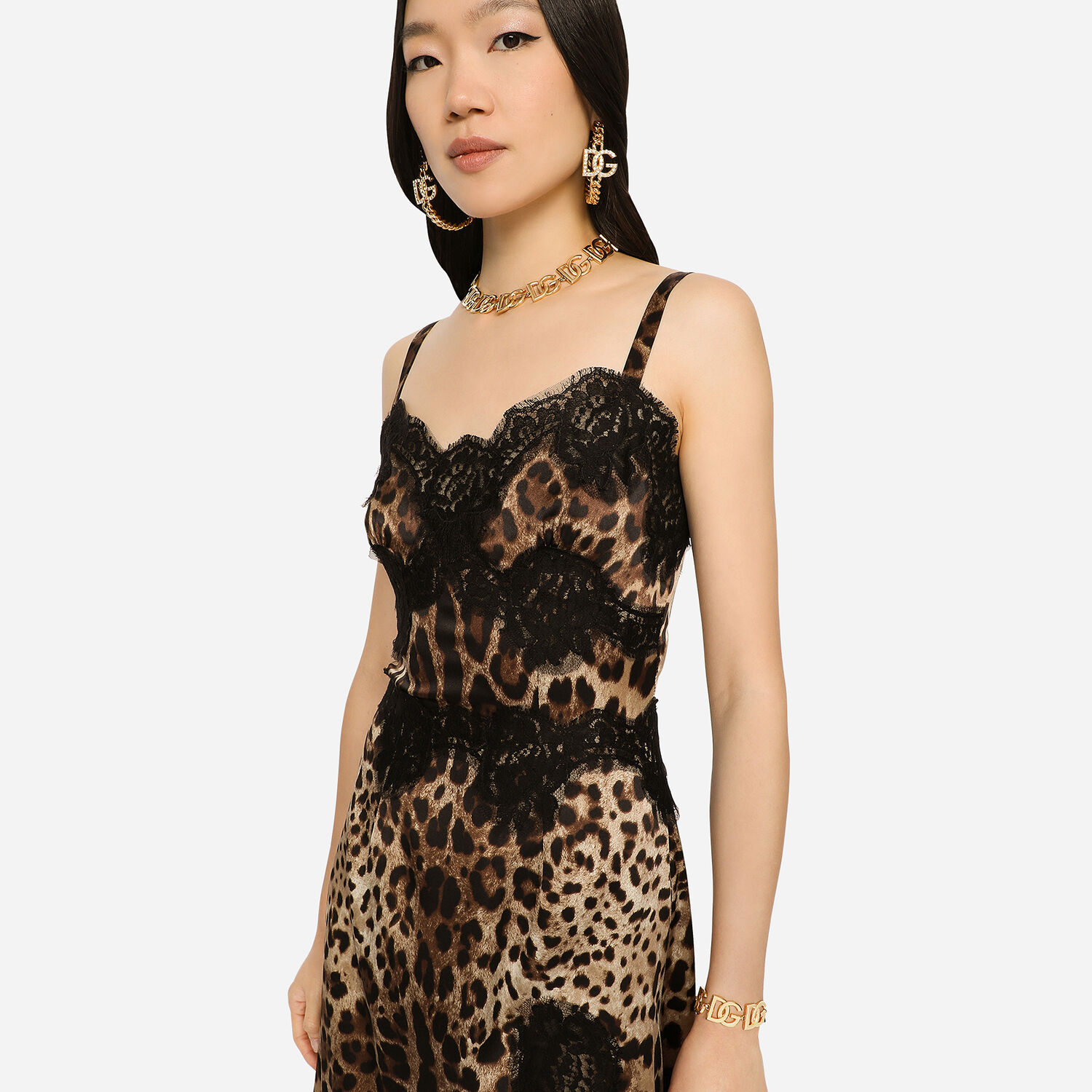 Leopard-print satin midi lingerie-style dress with lace trims in Multicolor  for
