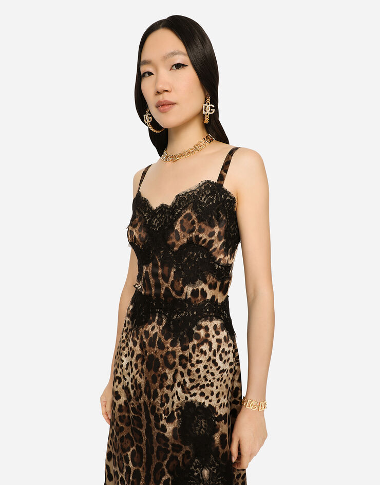 Leopard-print satin midi lingerie-style dress with lace trims in