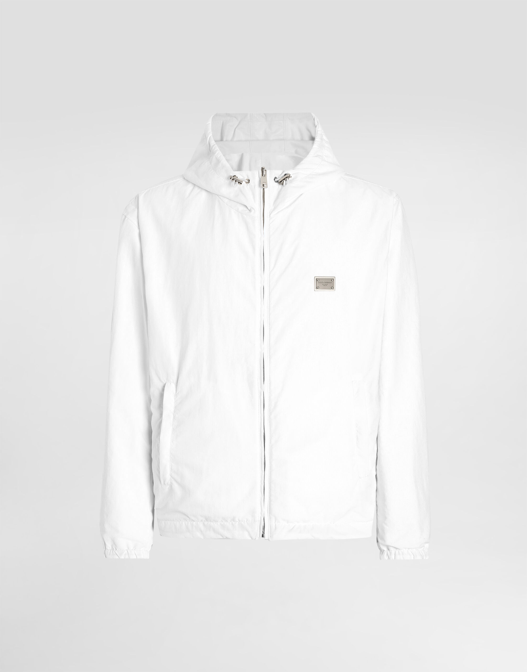 Leather and fabric jacket with reversible hood in White for