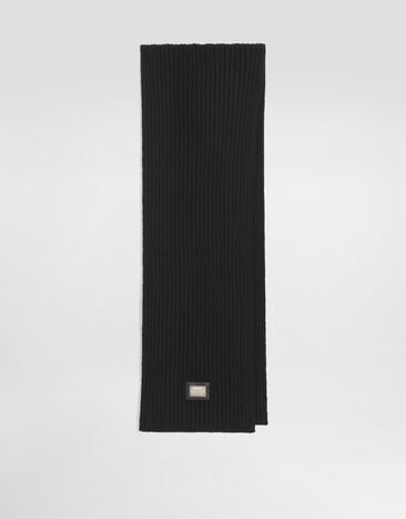 Dolce & Gabbana Ribbed wool scarf with logo plate Black LBKAB4JDVGK