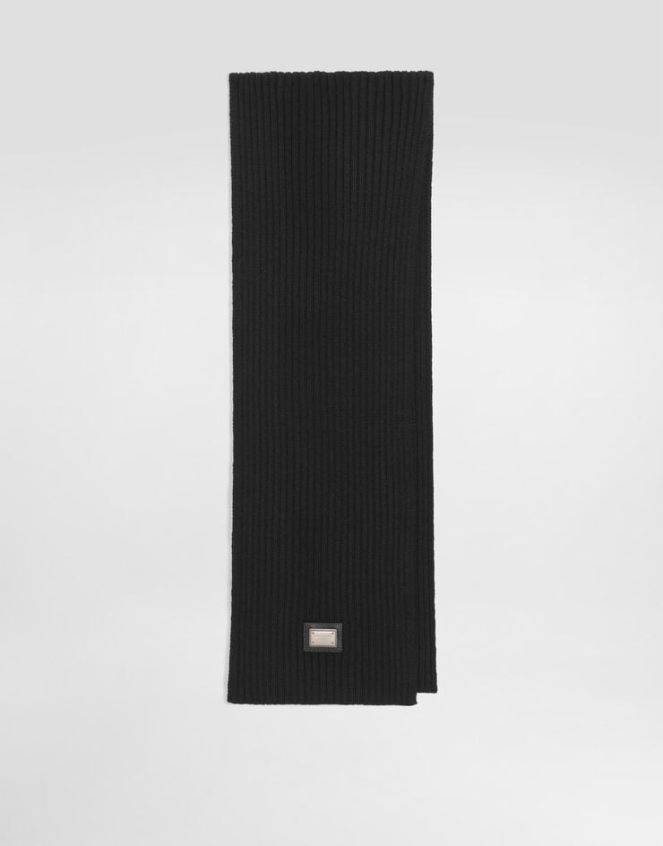 Dolce & Gabbana Ribbed wool scarf with logo plate Black LBKAB4JDVGK