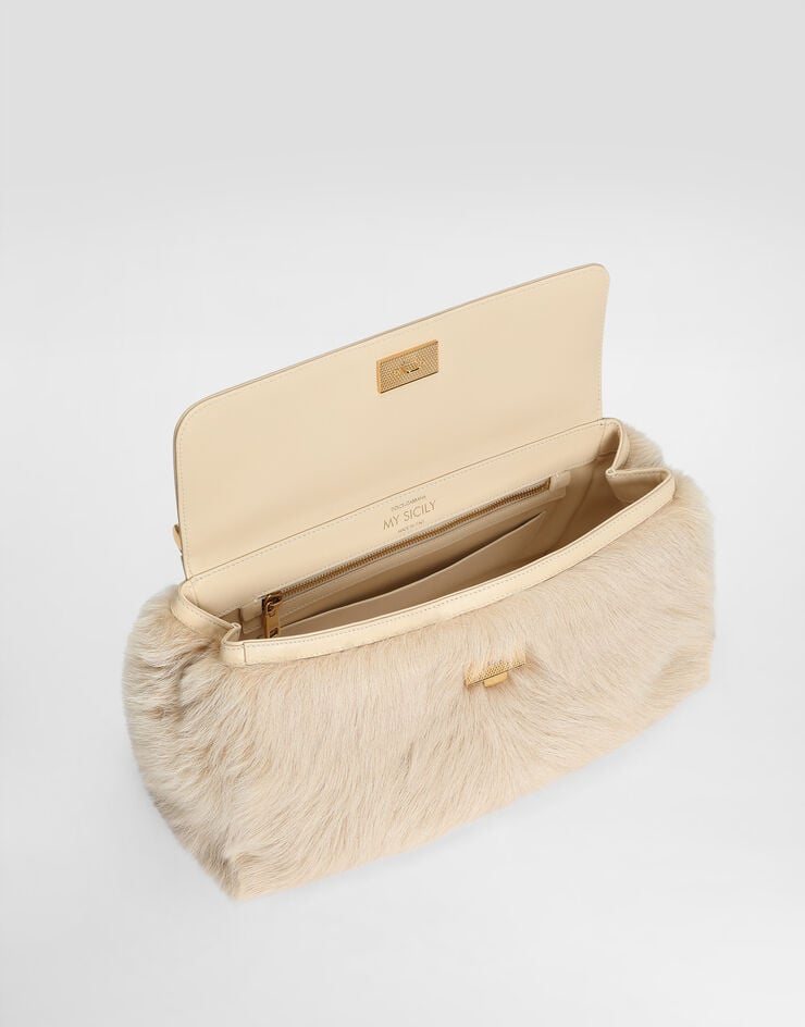 Dolce & Gabbana Medium My Sicily fur and plongé calfskin handbag Beige BB7782B5528