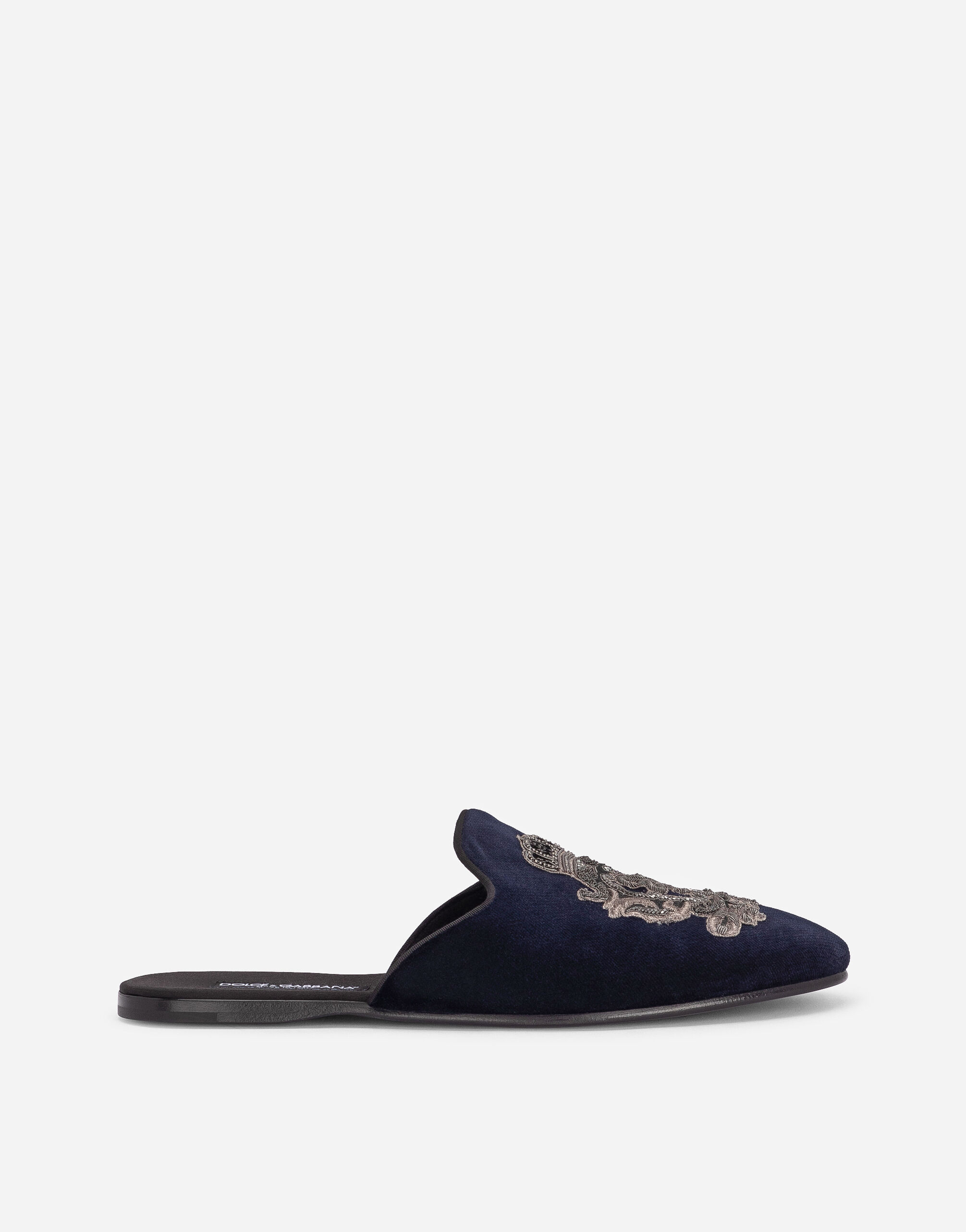 Dolce & Gabbana Velvet slippers with coat of arms embroidery Blue A50598AT441