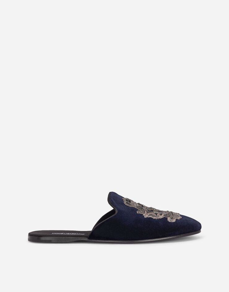 Dolce & Gabbana Slipper aus Samt mit Wappen-Stickerei Blau A80310AO249