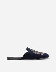Dolce & Gabbana Velvet slippers with coat of arms embroidery Blue CS2215AN994