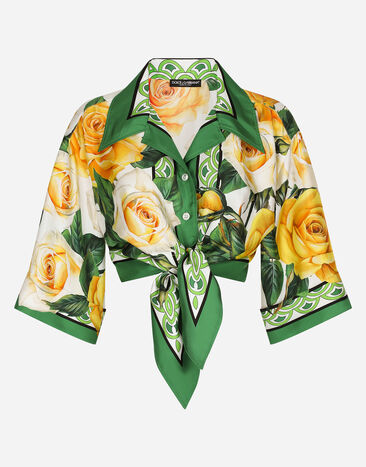 Dolce & Gabbana Short silk shirt with pussy-bow and yellow rose print Black F4CT6THLMLQ