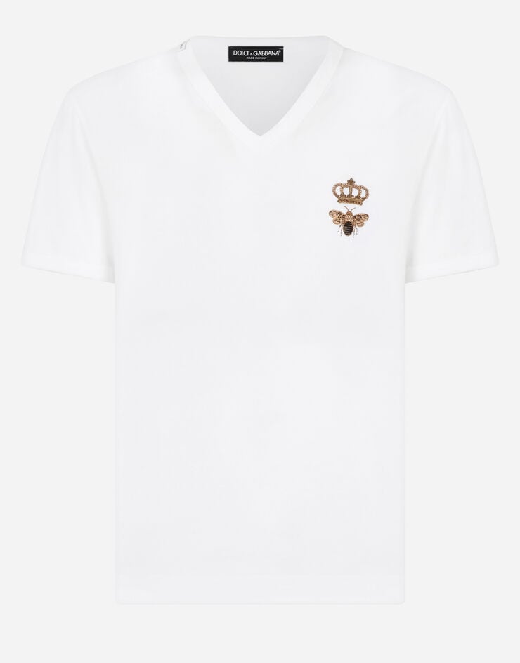 Dolce & Gabbana V-neck cotton t-shirt with bee and crown embroidery White G8KG0ZG7WUQ