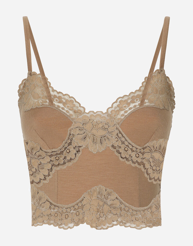 Wool jersey lingerie crop top with lace inlays in Beige for