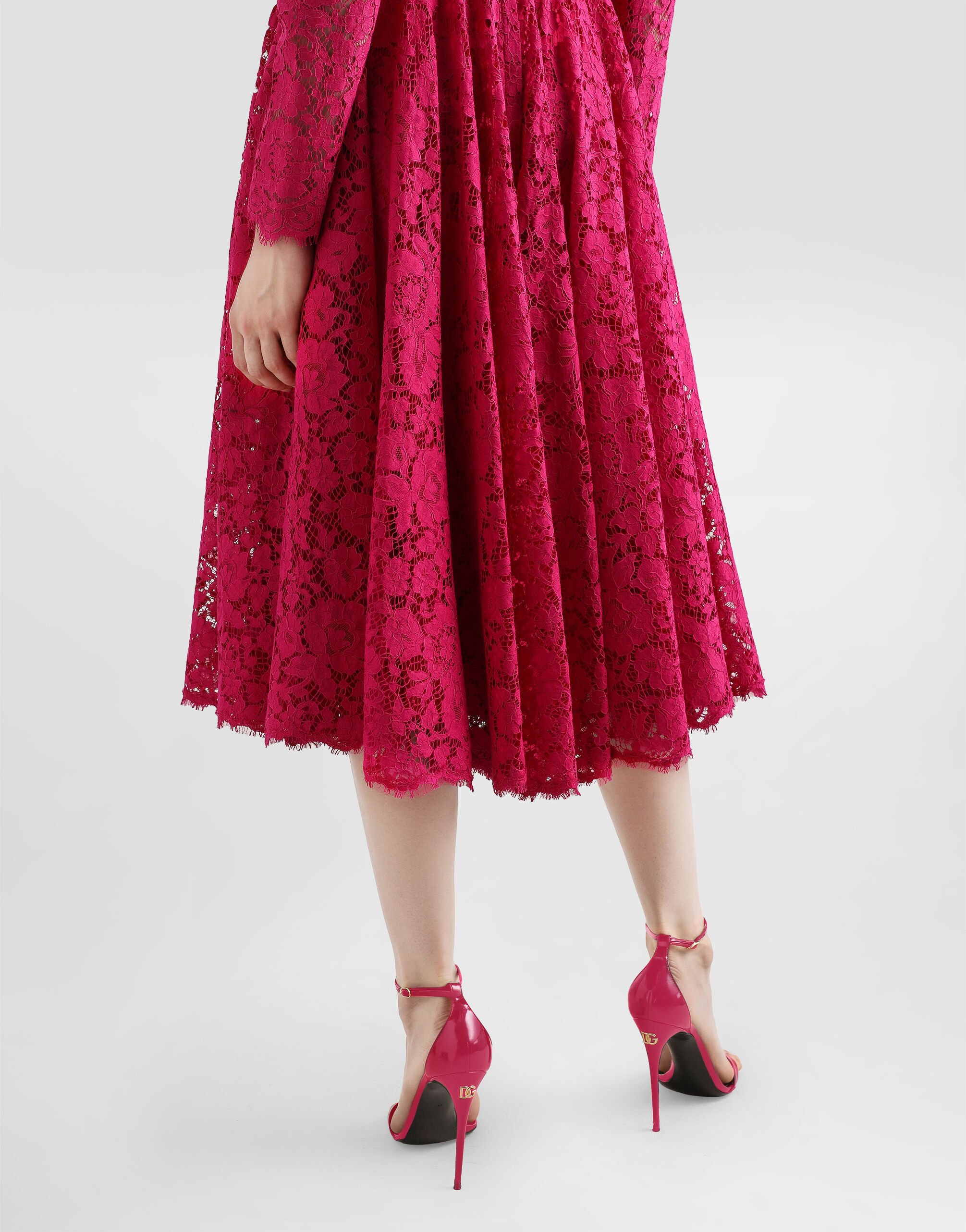 Calf-length circle-skirt dress in cordonetto lace in Pink