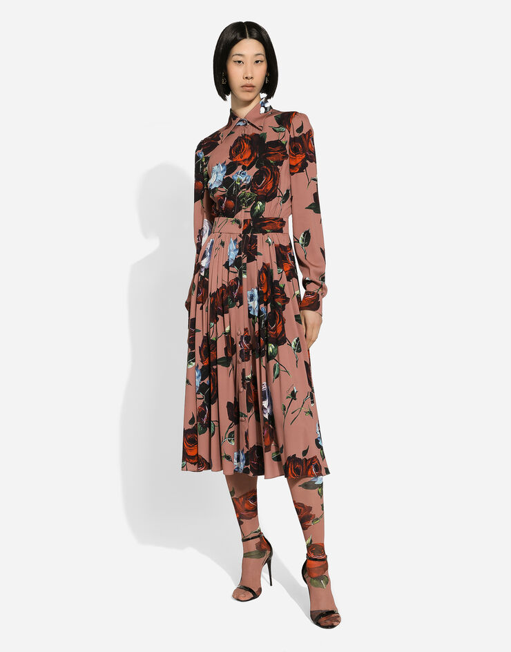 Dolce & Gabbana 复古玫瑰印花素绉缎衬衫裙 印花 F6ARQTFSA6D