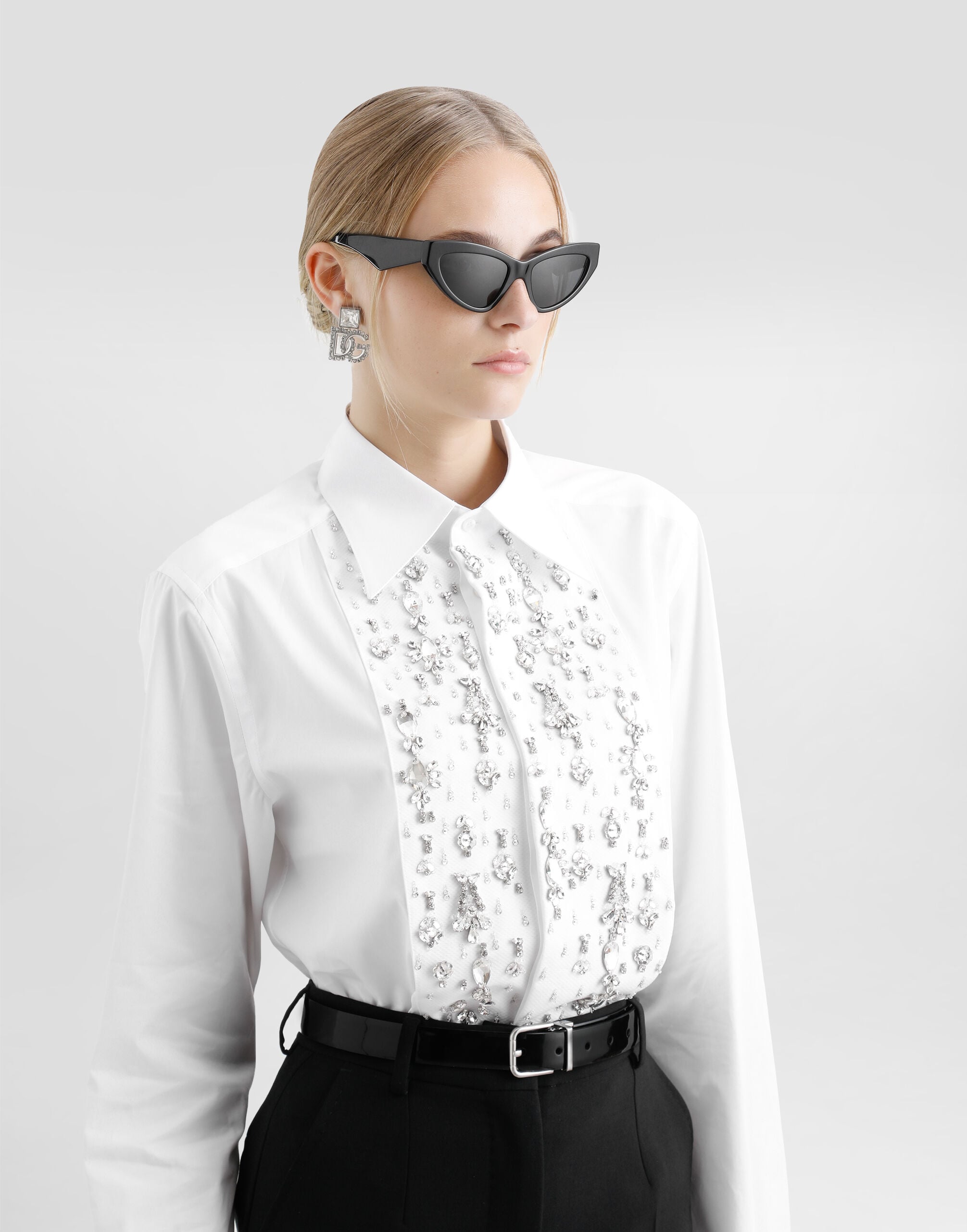 Cotton tuxedo shirt with rhinestone-embroidered shirt front in