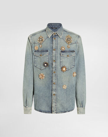 Dolce & Gabbana Denim shirt with bejeweled appliqués Multicolor G5MO3DG8MD8
