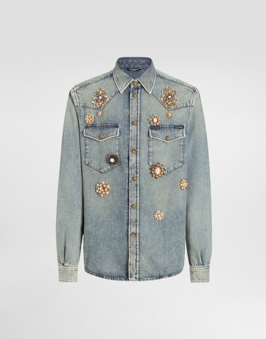 Denim shirt with bejeweled appliqués