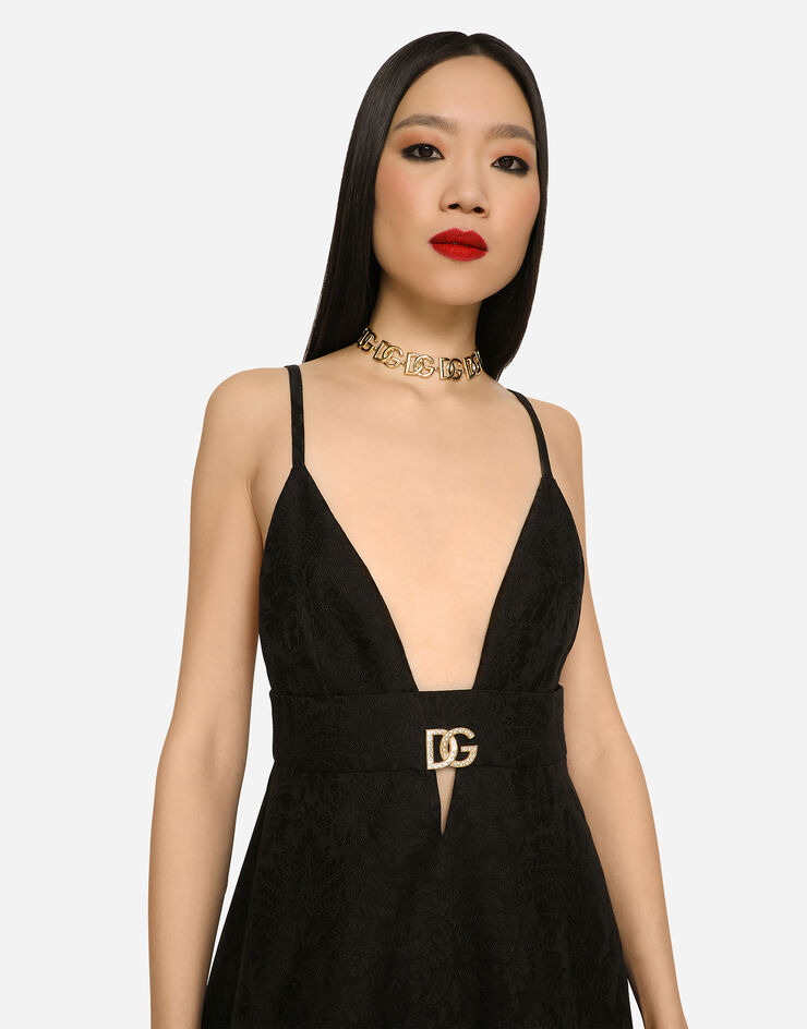 Dolce & Gabbana Vestido corto en jacquard con logotipo DG de cristales Black F6R0GZFJRDQ
