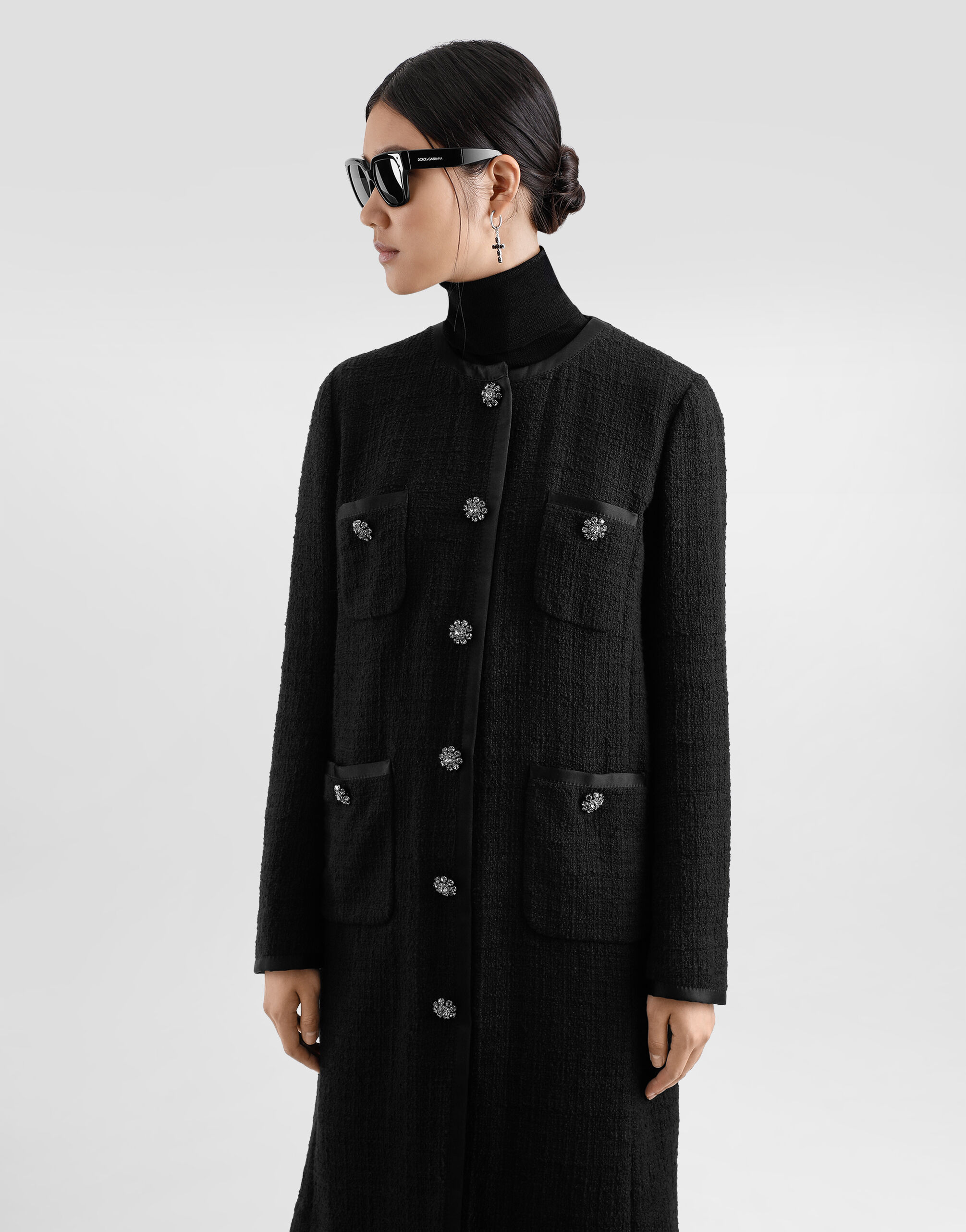 Single-breasted raschel tweed coat in Black for Women