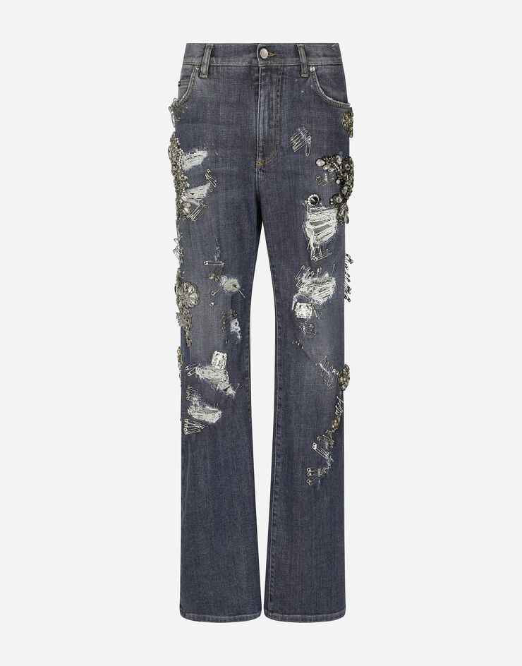 Dolce & Gabbana Denim jeans with ripped details and appliqués Multicolor FTCGNZG8HO0