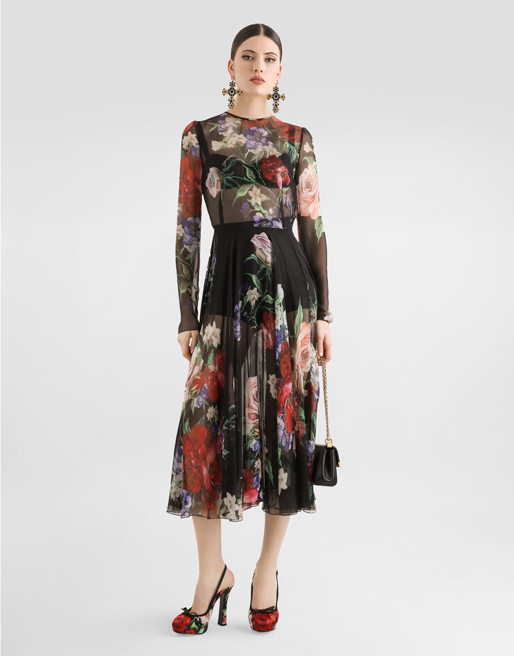 Dolce & Gabbana Vestido longuette de chifón con falda plato y estampado a flores Imprima F6TUHTIS1Y7