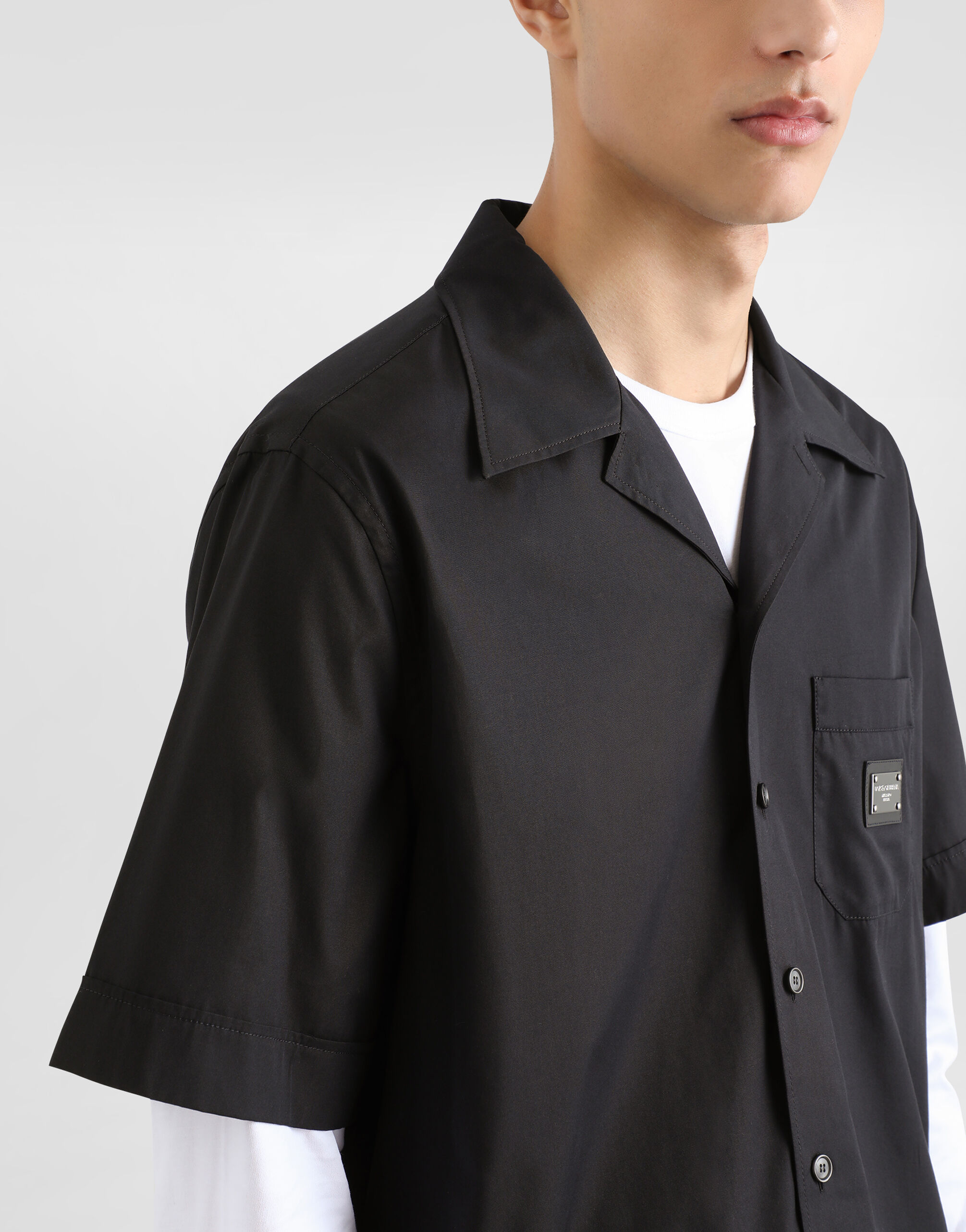 Cotton Hawaiian shirt with branded tag in Black for Men