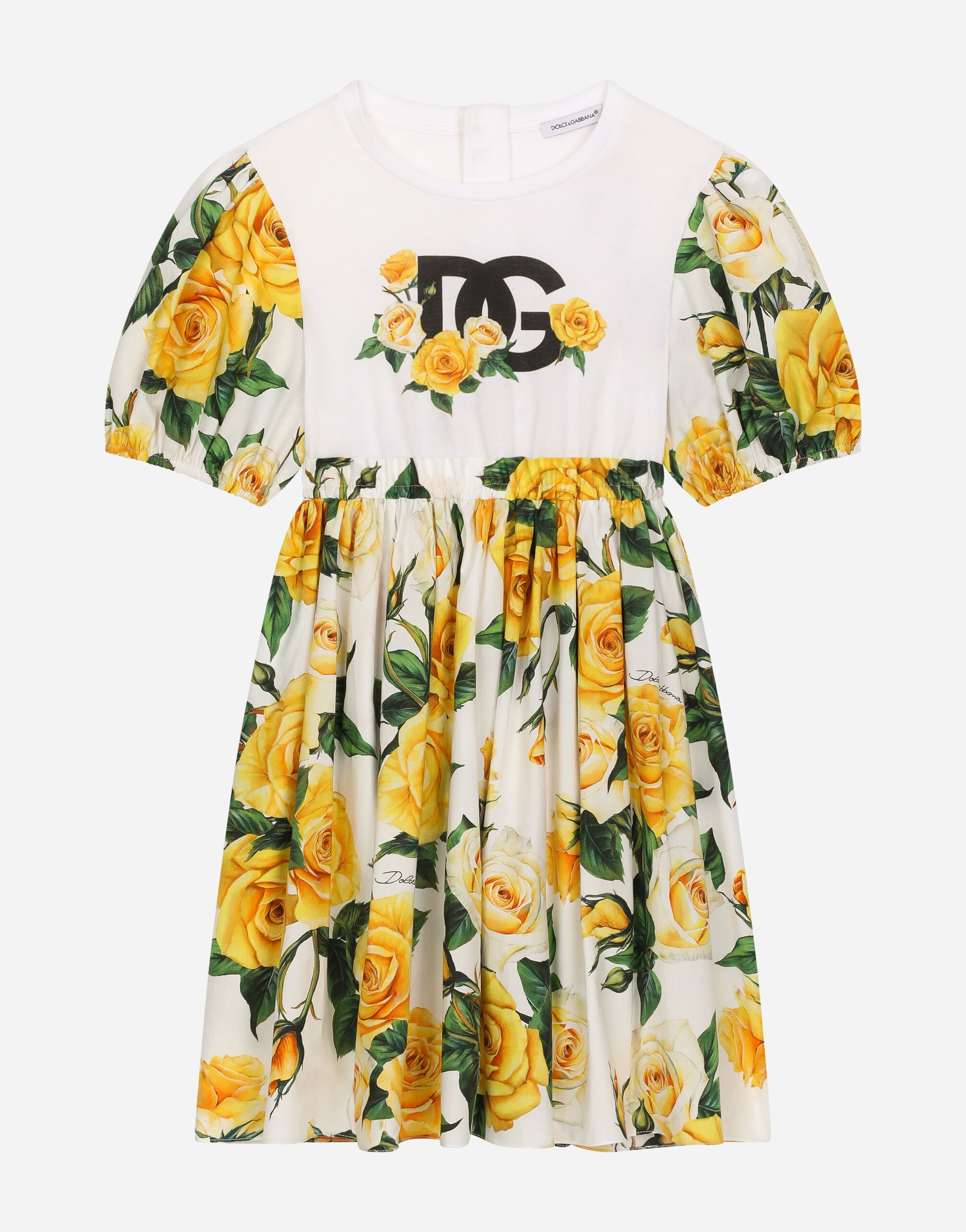 Dolce & Gabbana Poplin and jersey dress with yellow rose print White EB0003A1067