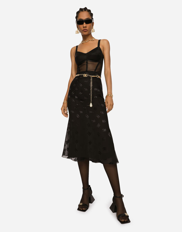 Dolce & Gabbana Devoré satin skirt with all-over DG logo Black F4CCHTFJTBR