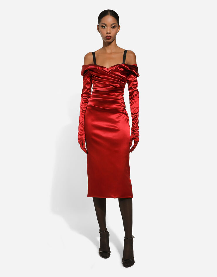 Dolce&Gabbana Satin draped calf-length dress Red F6DJFTFURAD