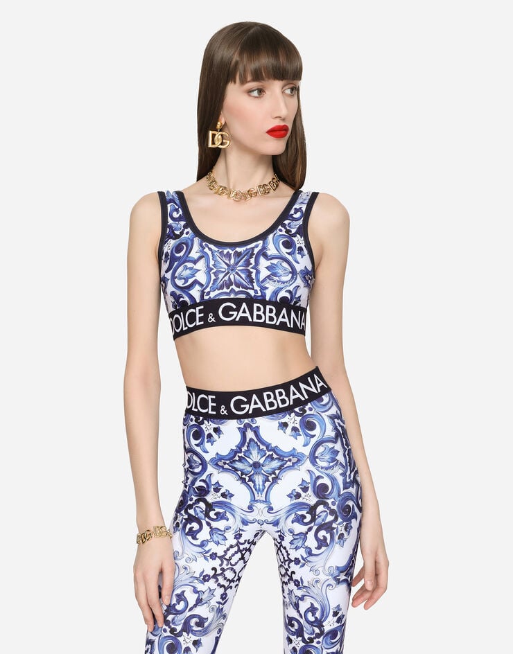 Dolce & Gabbana Top de punto con estampado de mayólica con logotipo en cinta elástica Multicolor F75H7TFPG7B