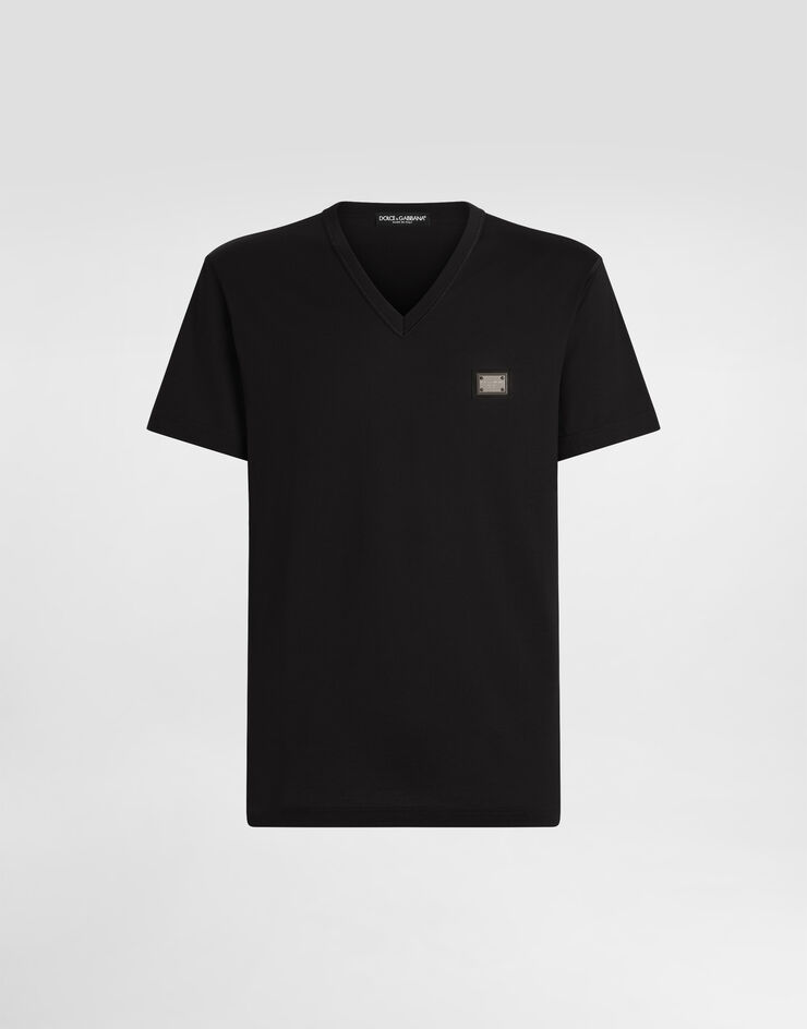 Dolce & Gabbana Cotton V-neck T-shirt with branded tag Blue G8PT2TG7F2I