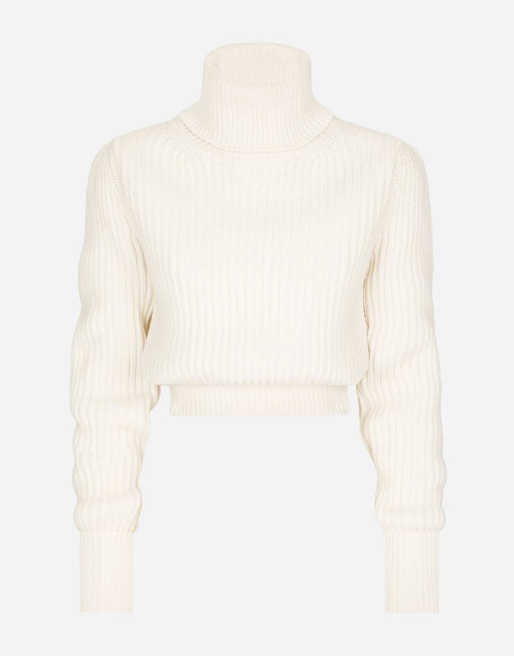 Dolce&Gabbana Wool fisherman’s rib turtle-neck sweater with DG logo White FXB57TJCVP0