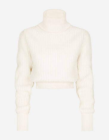 Dolce & Gabbana Wool fisherman’s rib turtle-neck sweater with DG logo White FXJ16ZJEMM0
