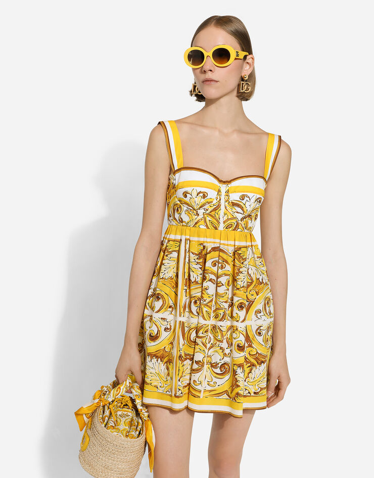 Dolce & Gabbana Short dress with corset bodice in majolica-print cotton poplin Print F6JDATFI5JJ