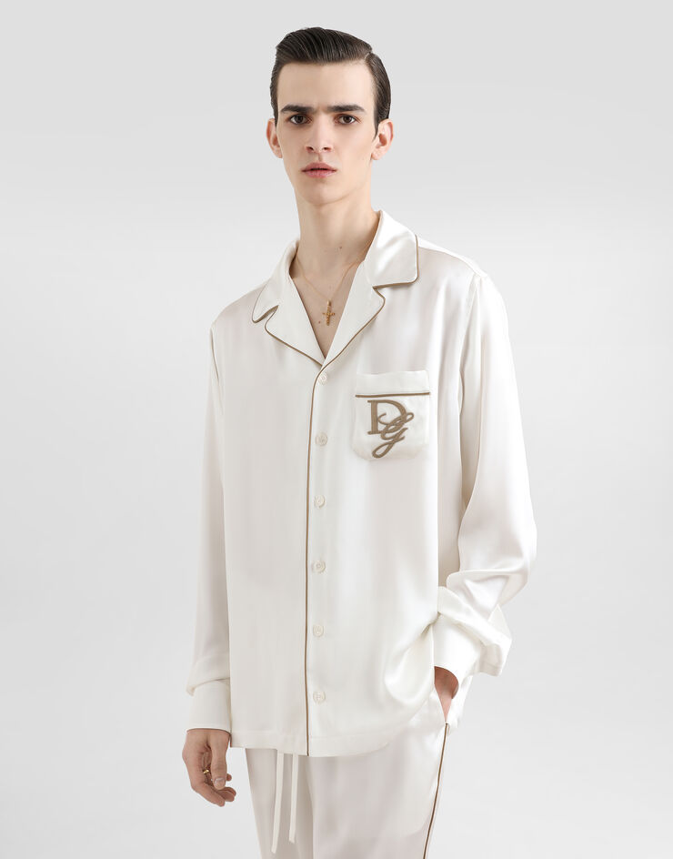 Dolce & Gabbana Silk vanity shirt with logo embroidery White G5IF1ZFU1AU