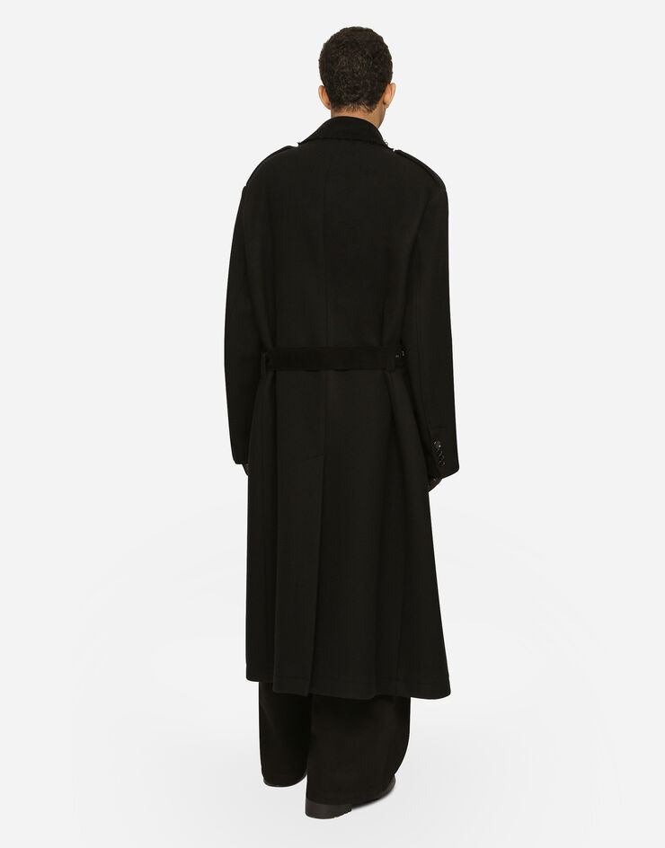 Dolce&Gabbana Double-breasted baize trench coat with logo label Black G040OTFU2SL
