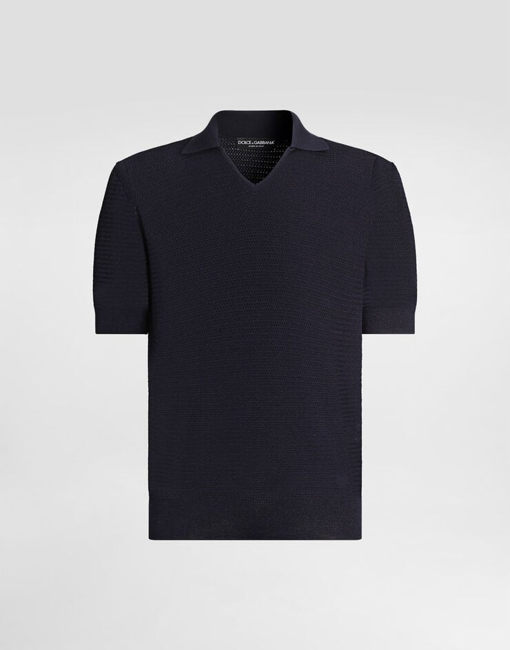 Dolce & Gabbana قميص بولو من حرير بتفاصيل تطريز بغرز دقيقة Blue GXZCAZJBSPU