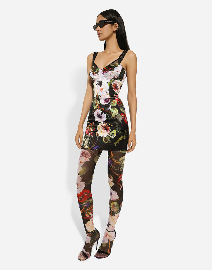 Short satin corset dress with rose garden print in Print for