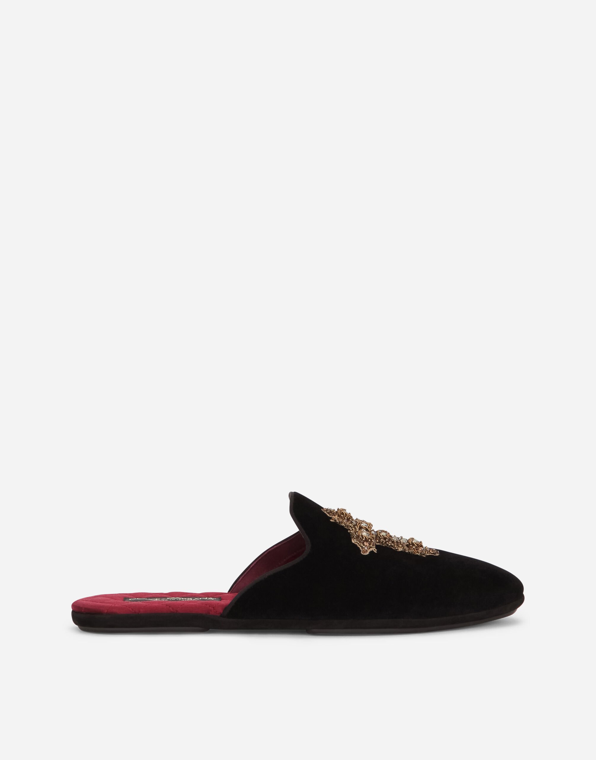 Dolce & Gabbana Velvet slippers with cross embroidery Black/Silver CS1863AO223