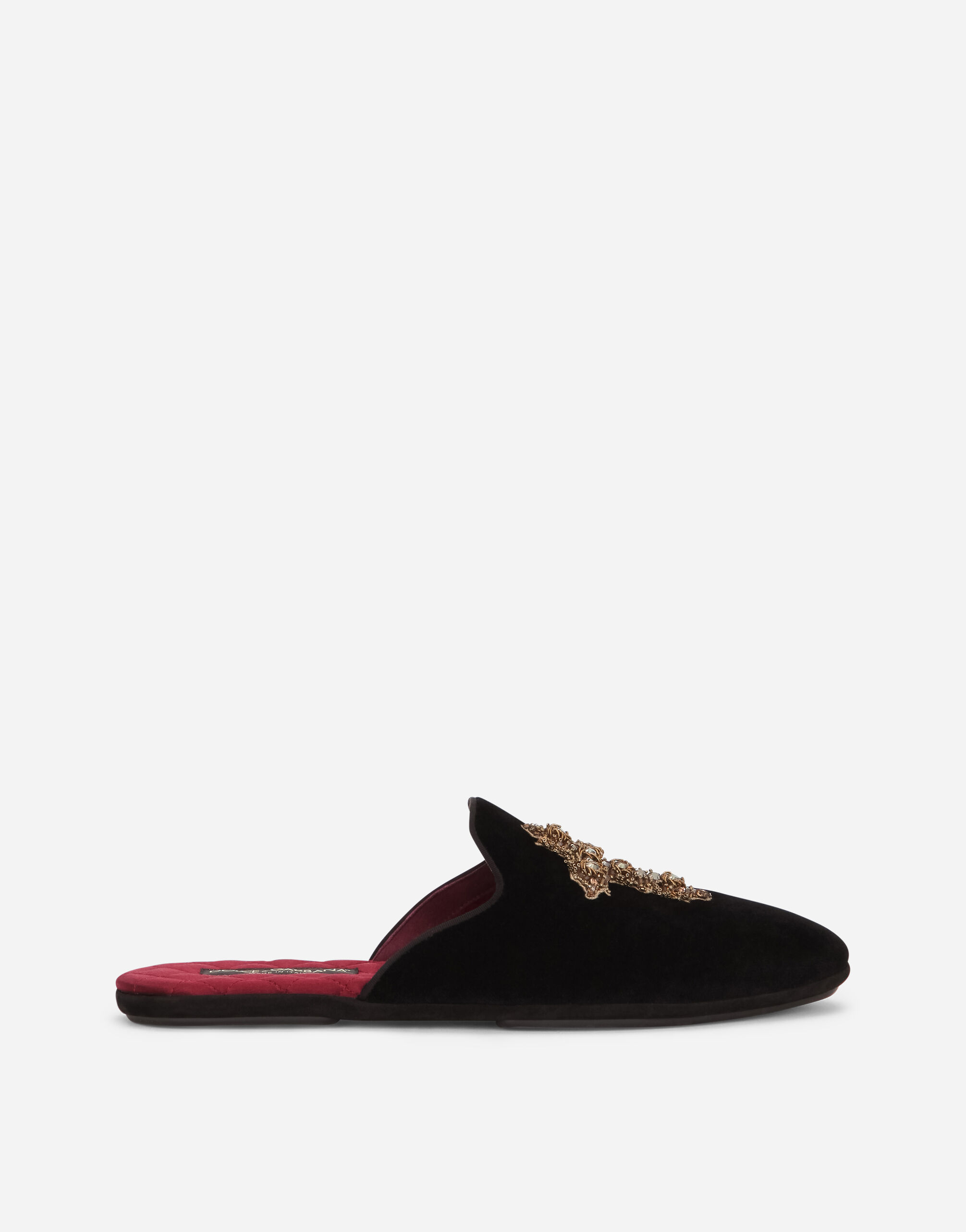 Dolce & Gabbana Velvet slippers with cross embroidery Black A80222AX584