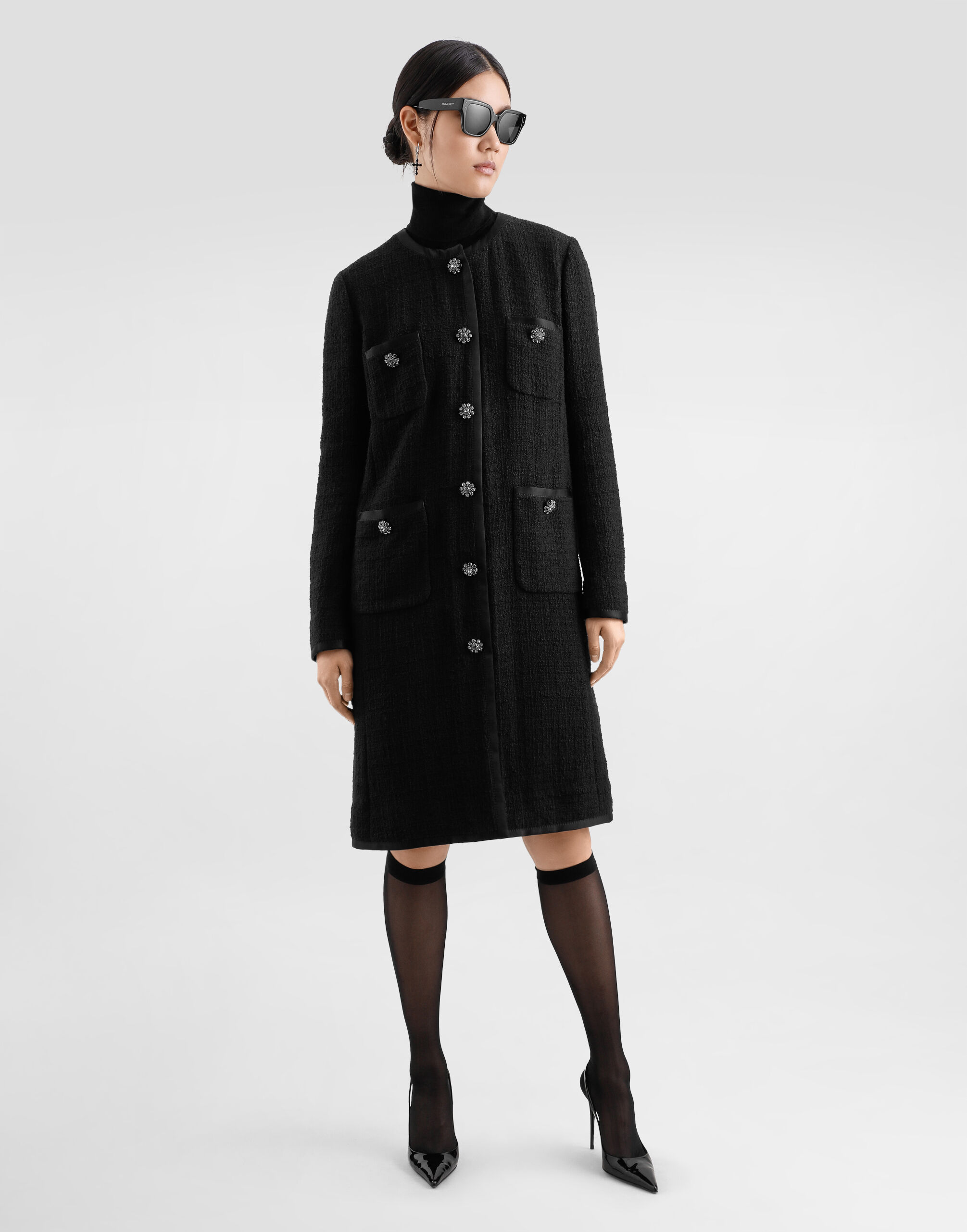 Single-breasted raschel tweed coat in Black for Women