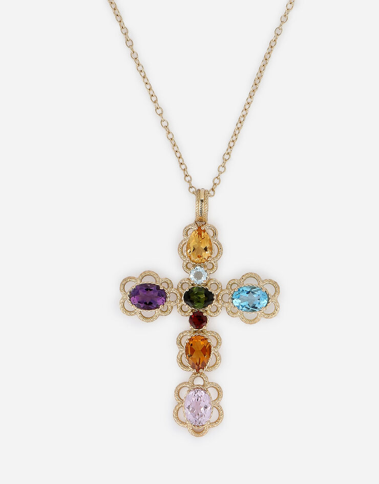 Dolce & Gabbana 18 kt yellow gold cross pendant  with multicolor fine gemstones Yellow Gold WAQR1GWMIX1