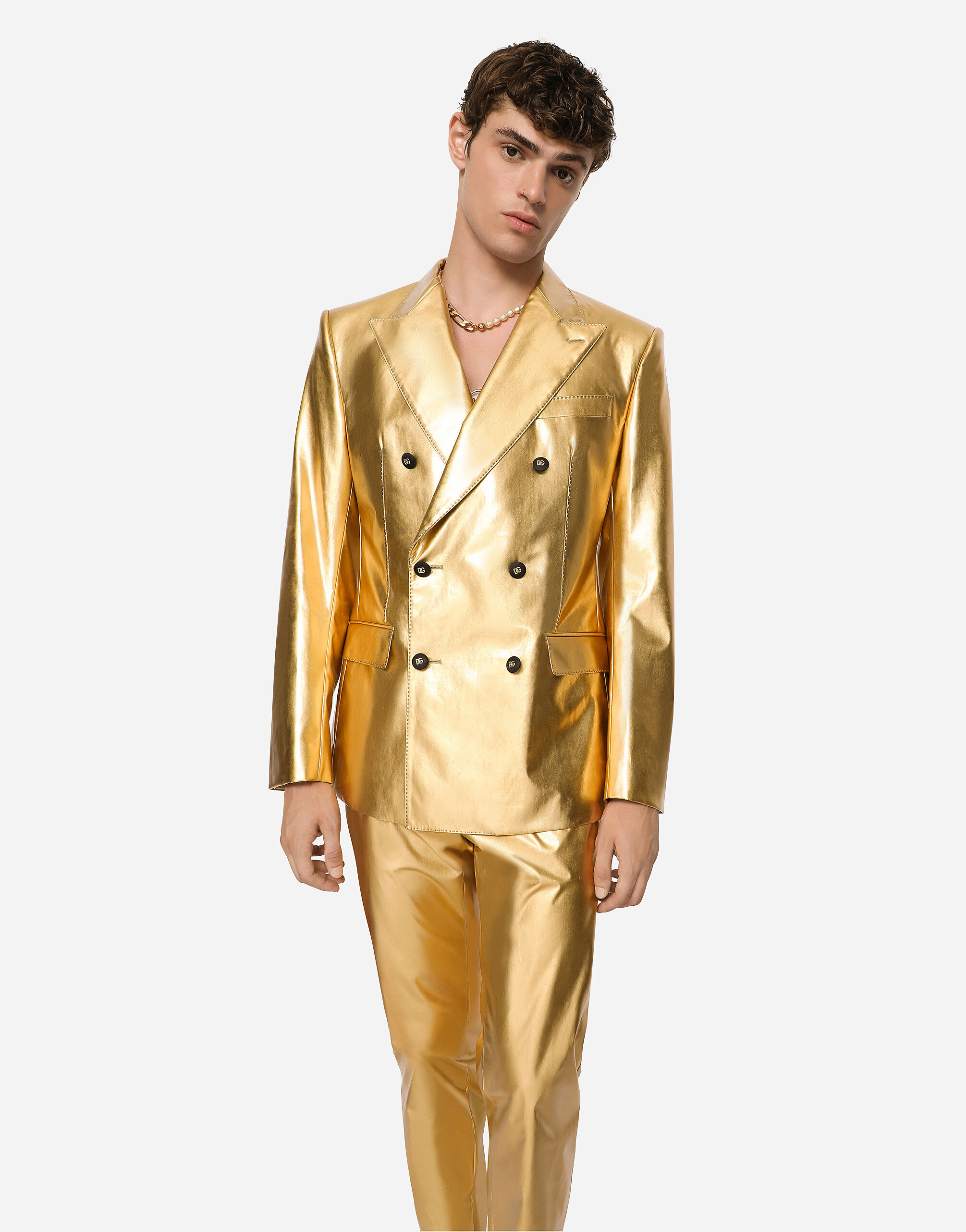 【新品】DOLCE&GABBANA GOLDライン シルク混織  スーツ Double-breasted Sicilia suit in laminated fabric in Gold for Men