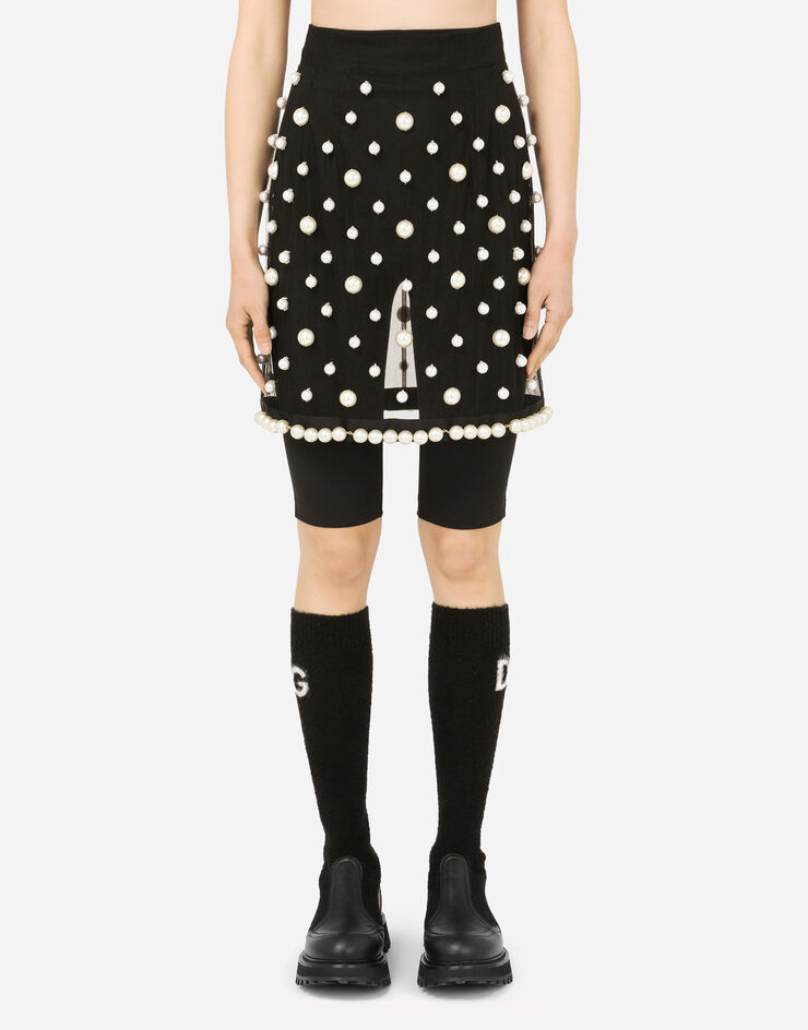Dolce & Gabbana Short tulle skirt with pearl embellishment Black F4BVQZHLM2B