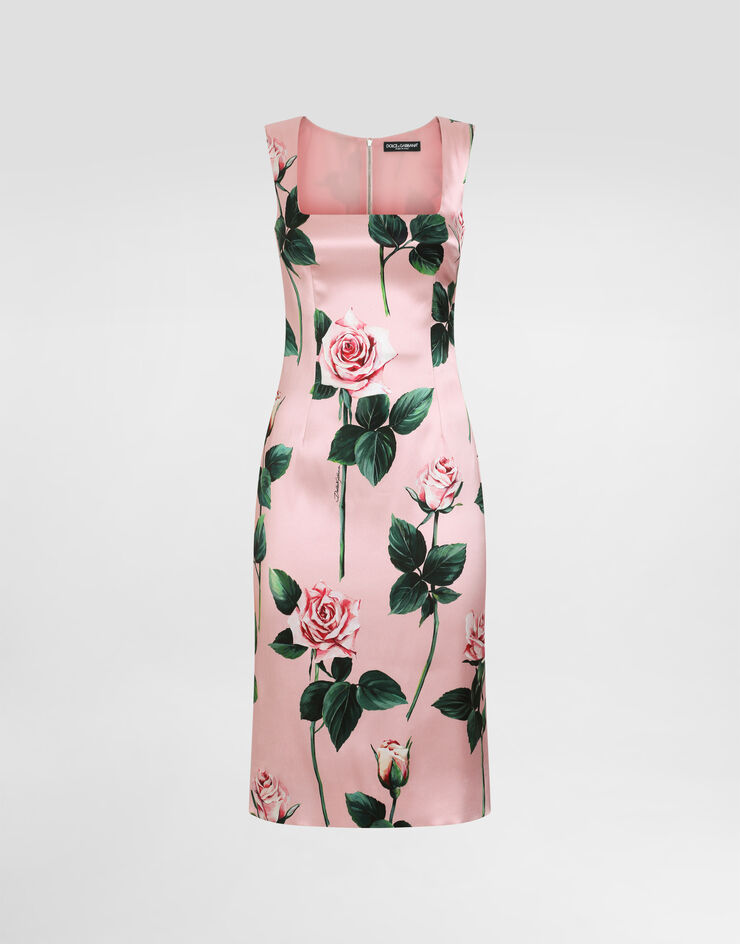 Dolce & Gabbana Satin calf-length sheath dress with rose print Print F6TKZTFSIBT