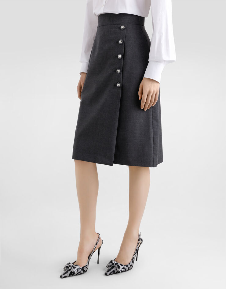 Dolce & Gabbana Falda midi acampanada de tela de lana con botones DG Gris F4C1CTFU286