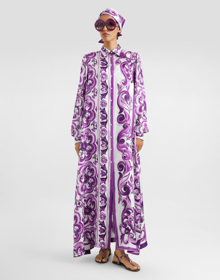 Dolce & Gabbana  فستان قميصي طويل تويل بطبعة مايوليكا Multicolor F6TYQTHI1TK