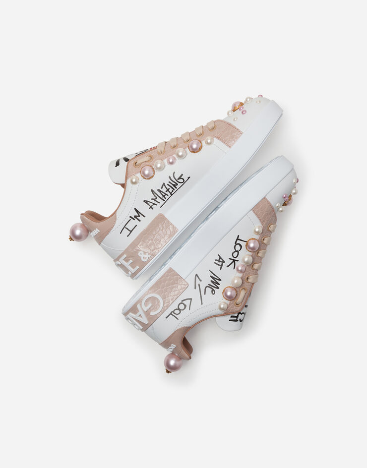 Dolce & Gabbana Printed nappa calfskin Portofino sneakers with pearl embroidery BLANCO CK1544AX330