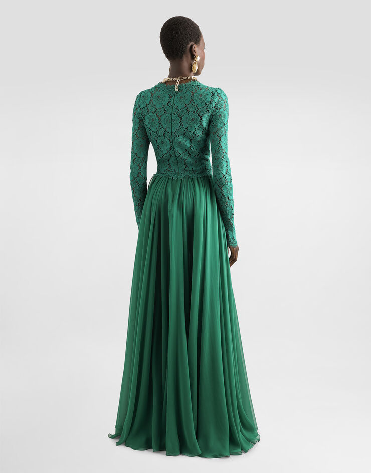 Dolce & Gabbana Langes Kleid aus Spitze und Chiffon Grün F6TJPTGDCTF